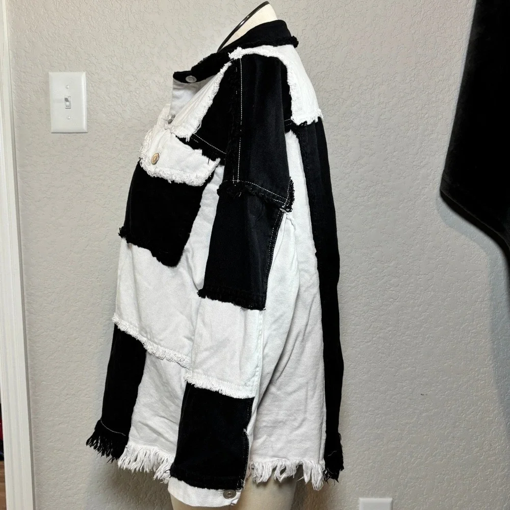 Black White‎ Fringed Patchwork Denim Grunge Jacket Raw Hem Shacket Size M